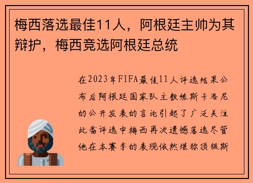 梅西落选最佳11人，阿根廷主帅为其辩护，梅西竞选阿根廷总统